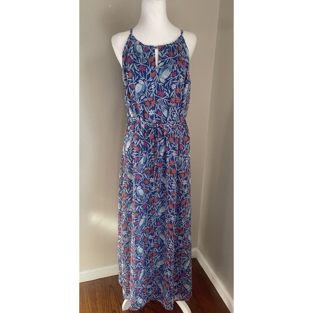 Old Navy Maxi Dress S Blue Floral Bird‎ Sleeveless Keyhole Summer Party Resort